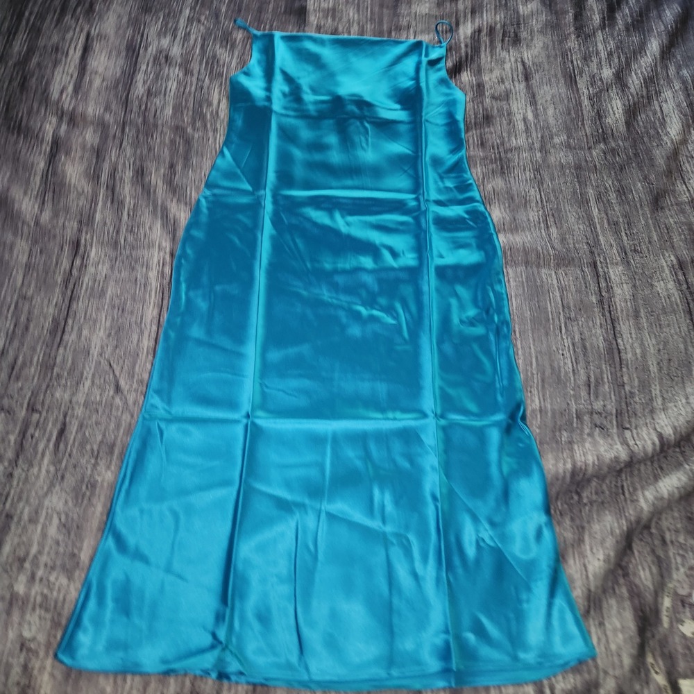 The Drop Aqua Blue‎ Satin Cowl Neck Midi Slip Dress Spaghetti Straps Size M